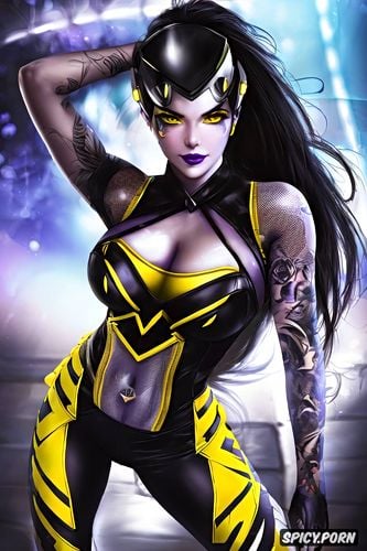 high resolution, k shot on canon dslr, tattoos masterpiece, widowmaker overwatch beautiful face young sexy low cut black and yellow cheerleader outfit