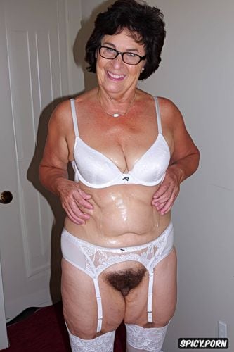cute, seventy year old, white lace lingerie, beige stockings