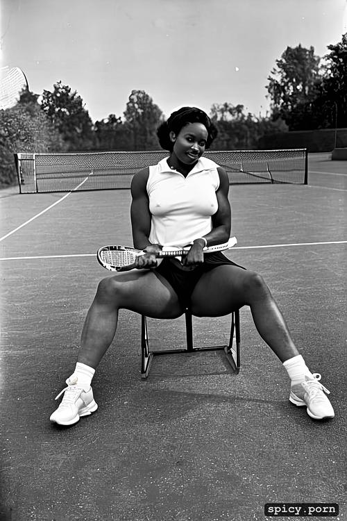 tennis court, vintage, sitting, cum on tits, tennis balls, female tennis player