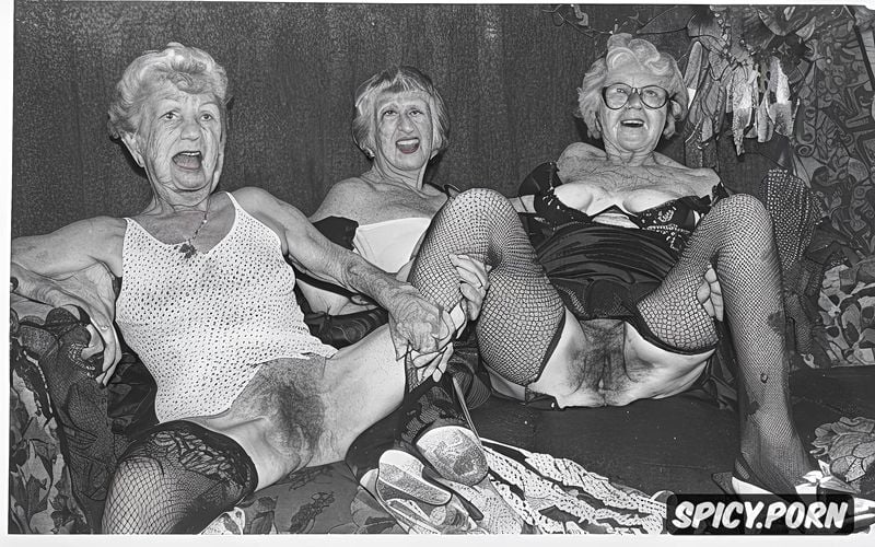 identical twins, sitting on sofa, three gorgeous grannies, hourglass figures