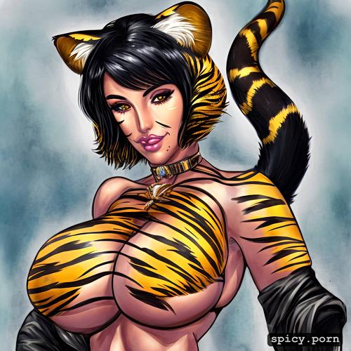 cat eyes, tiger snout, tiger ears, black hair, busty, 42 years old