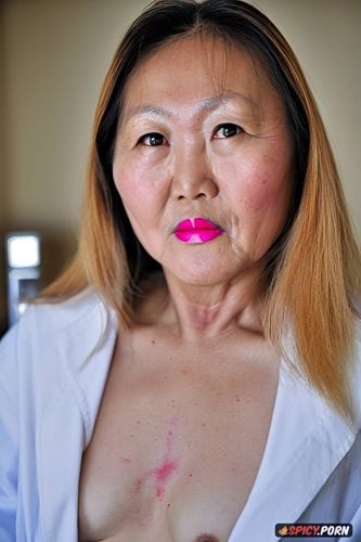 closeup, hot pink lipstick shade, face photo 90 year old mongolian woman with round facial features and high cheekbones