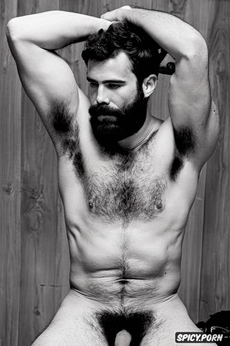 solo masculine hairy hipster guy with a big dick showing full body and perfect face beard showing hairy armpits indoors buff body brown hair sitting