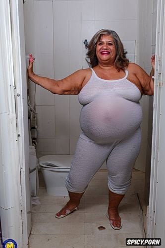 she smile, small boobs, a photo of a short ssbbw pregnant hispanic granny standing up in the badroom