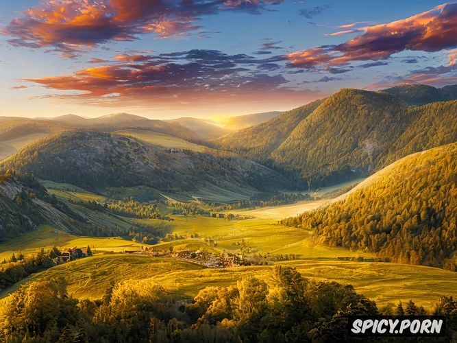 very far view, vibrant colors, masterpiece, sunset over a bavarian hilly summer landscape