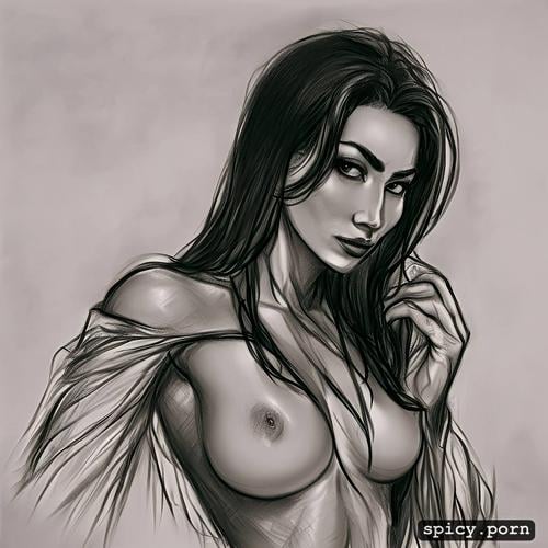 charcoal, small tits, intricate boobs, side portrait, black and white