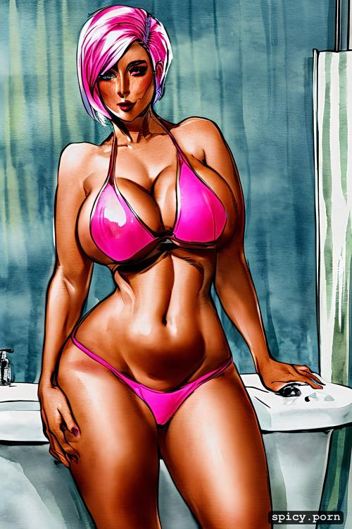 bathroom, pink hair, big hips, perfect face, white lady, bikini