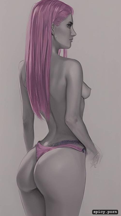 3dt, naked female, back view, 18 yo, pink hair, full body, short shorts