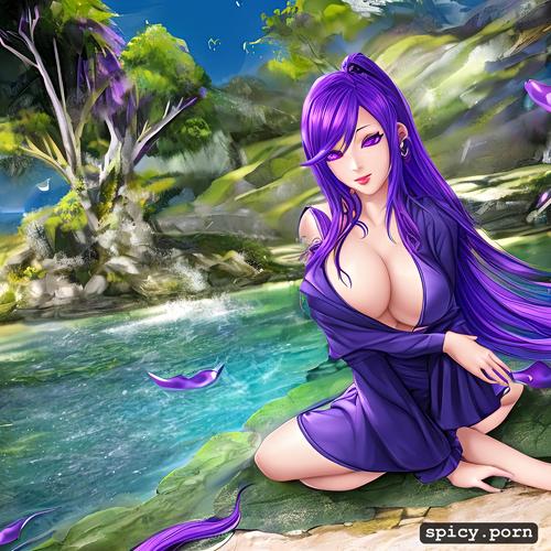 tits, feminine face, purple hair, huge penis, hot, sexy, exotic