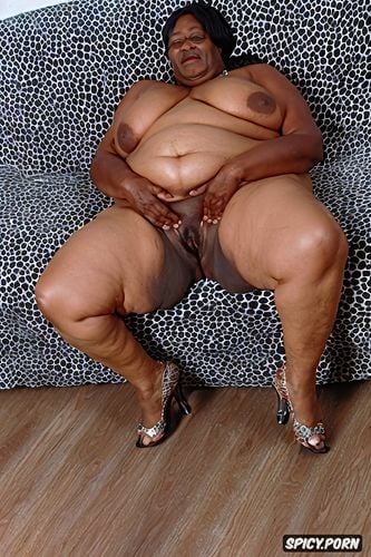 naked, ebony, belly, thick thighs, high heels mules, saggy, granny