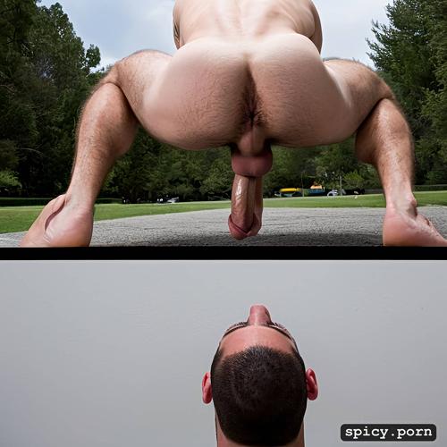 hyperrealistic rendering no women, big balls view from behind and below squatting down with his big footballer ass under male ass pov white male bare naked back and ass solo