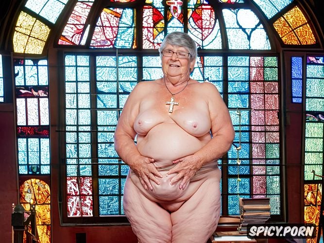 saggy belly, hanging saggy breasts, obese, cathedral, granny granny