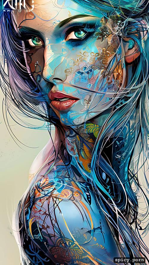 comprehensive cinematic, vibrant, busty, key visual, nude, carne griffiths