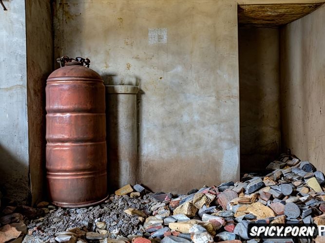 rusty gas cylinder, cement, garbage, abandoned basement