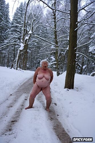 98 years old, snow, very old granny, scream, standing, hanging belly