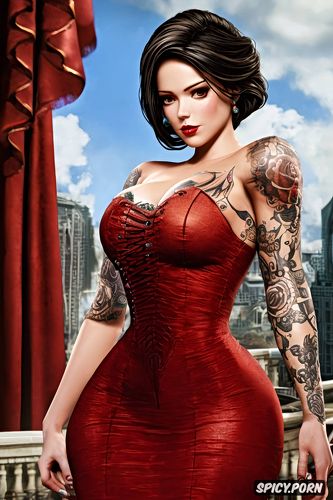 ultra realistic, high resolution, tattoos small perky tits elegant low cut tight dark red dress masterpiece
