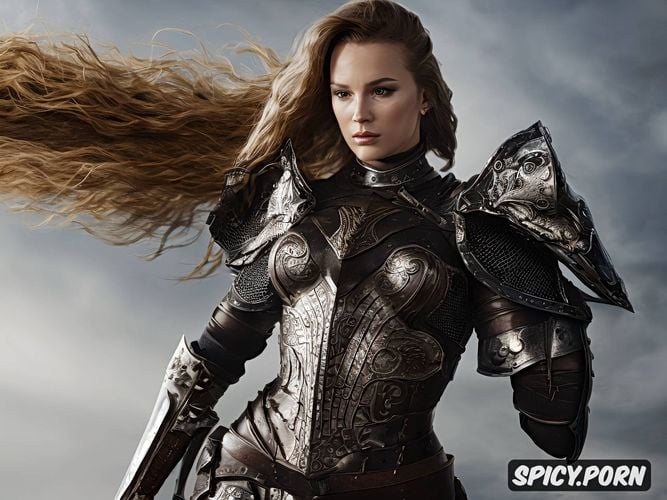revealing armor, flowing hair, sword, photo realistic, leather armor