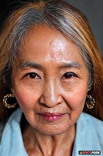 super closeup, face photo 90 year old mongolian woman with round facial features and high cheekbones