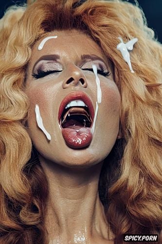 wide open mouth, cum on tongue, messy ginger hair, red curly hair