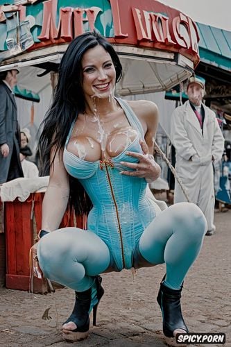 little long blackhaired suisse lady squatting to piss before a market stall on a fairground outdoors
