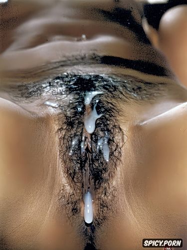 asian female, cum, close up, spread legs, vagina, hairy, wet