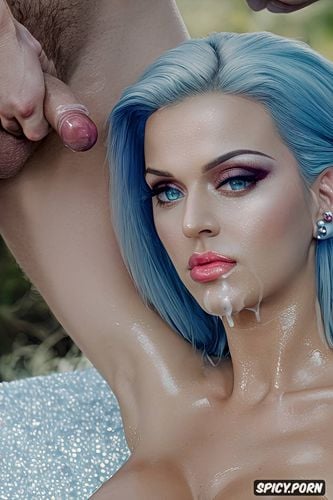 katy perry, shiny skin realistic blue hair, hoop earrings shiny blue hair