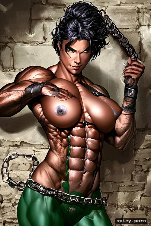 the background is a dungeon, leg straps, topless, prisoner, dim light