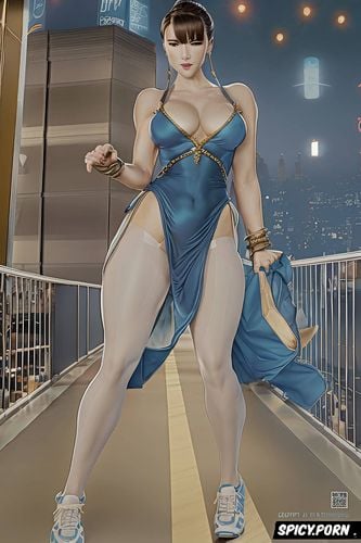 dark blue and gold dress, white tennis shoes, streetfighter