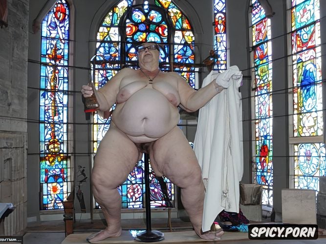 stained glass windows, glasses, gray pussy, wrinkeled body, obese