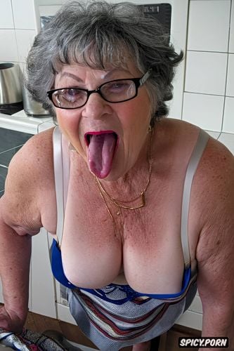 two old grandmothers, in the kitchen, first person pov, tremendous splash sperm on faces