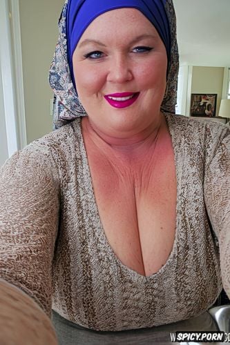 bbw, white skinned, sixty, only pink headscarf, hijab, fat granny