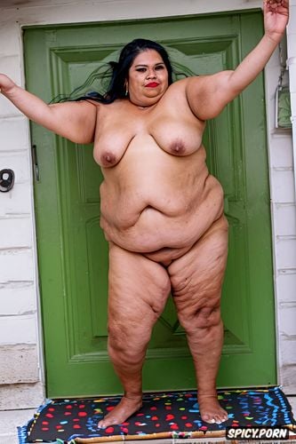 shaved armpit, ssbbw flabby loose belly s skin, rainy day, naked short ssbbw mexican granny on threshold steps at home s door