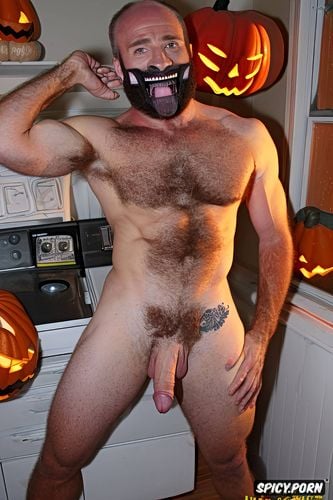 solo hairy gay muscular old man with a big dick showing full body and perfect face beard showing hairy armpits indoors chubby body wearing a halloween mask