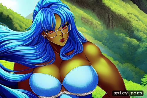 mountains, bbw huge pawg pretty face, glasses, blue hair, intricate hair