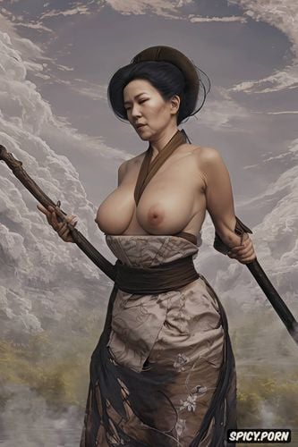 scythe, color photography, old japanese grandmother, small perky breasts