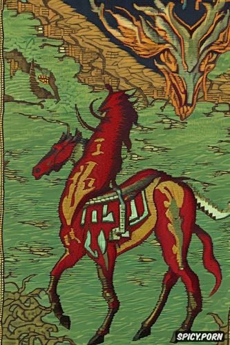 dragon, carpet art, medieval textile art, faded color, bit graphics