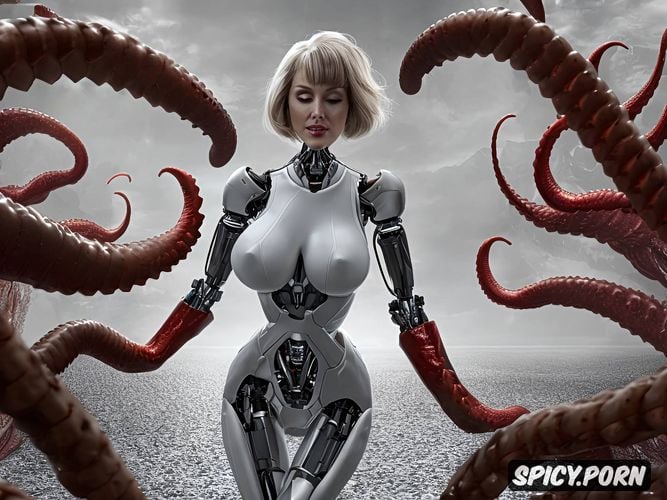 tanned skin, massive boobs, woman vs robot tentacle vagina probe model