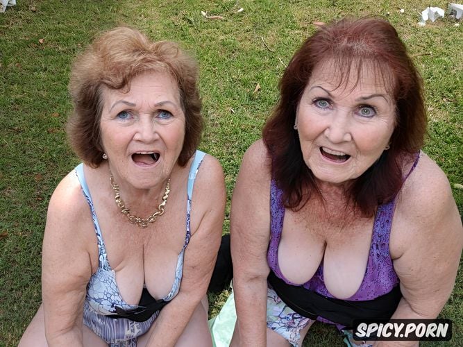 very detailed faces, showing teeth, dyed brown hair, two busty twin grannies age sixtyfive