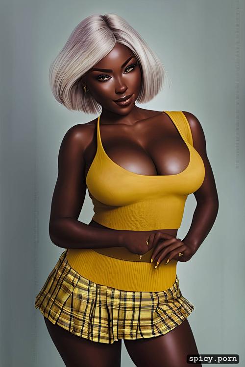 fit body, ebony female, yellow hair, small ass, tartan mini skirt