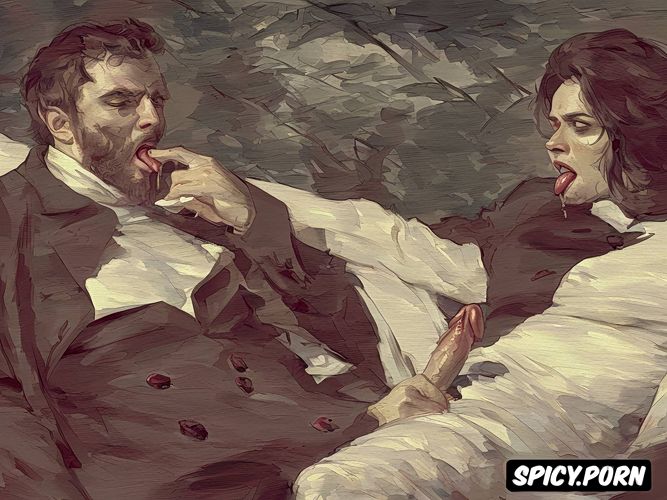 impressionism painting style, garden, couch, vampire, nude, dracula