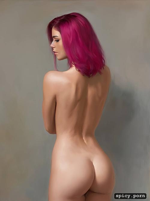 back view, naked female, standing, pink hair, highres, hy1ac9ok2rqr