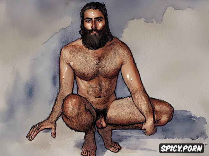 sketch of one alone bearded naked hairy man thick natural eyebrows squatting arabian arab male testicles sweating long hair perfect face highest quality hands feet masterful composition soft lighting