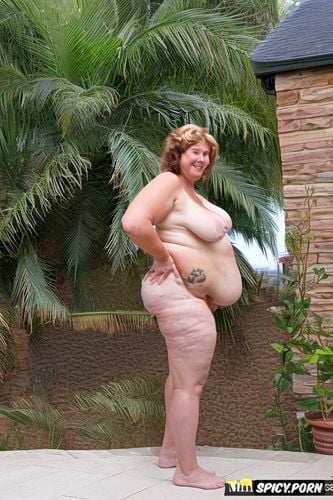 an old fat english milf standing naked with obese belly, topless