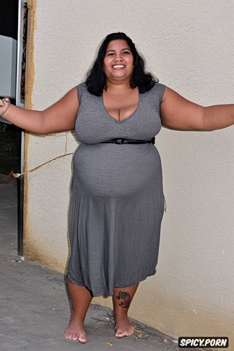 a photo of a person, she is short, she is totaly naked, she has a big obese plump belly and shrink boobs