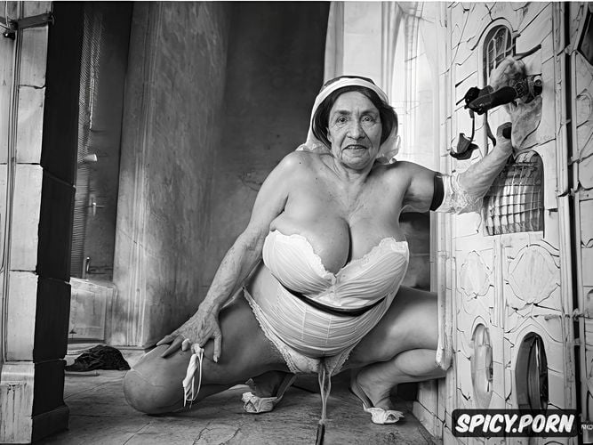 spread legs squatting, aged old nun grandma, grey hair, wrinkles