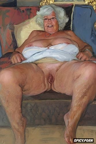 fat granny, very wide hips, the very old fat grandmother skirt has nude pussy under her skirt