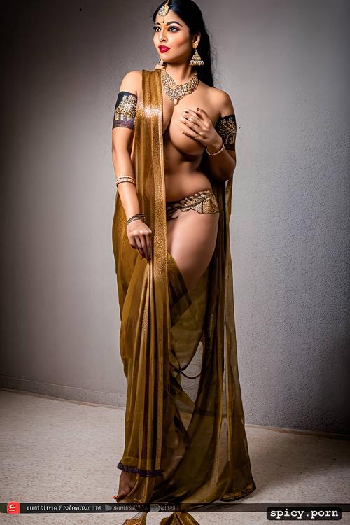 nude, black hair, curvy hip, full body front view, gold jewellery