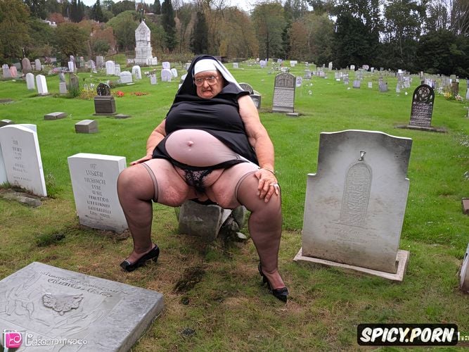 grave with headstone in a cemetery, nun dressed, fat legs, cellulite thighs 1 8