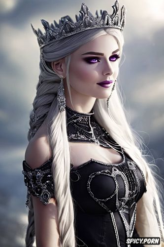 pale skin, pale purple eyes, tiara, full lips, wearing black scale armor