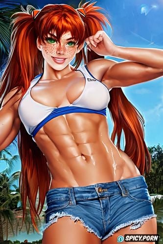 showing armpits, street, standing, asuka langley from neon genesis evangelion